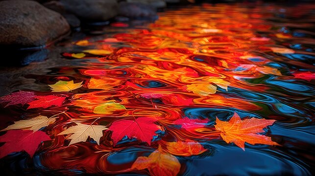 Autumn leaves floating tranquil river hyperrealistic photo nature close-up reflection - Powered by Adobe