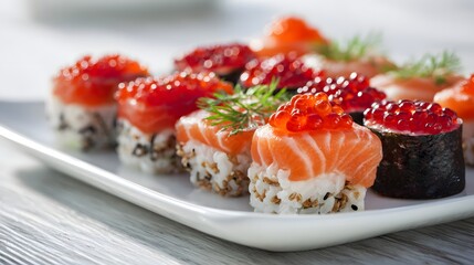 Assortment of fresh sushi rolls with salmon and roe on a white plate.
