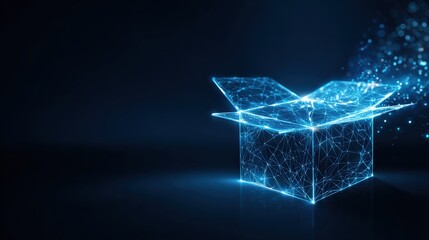 An abstract geometric rendering of an open box emits radiant digital particles, symbolizing innovation and emerging technologies. ..Created with Generative AI, not depicting real subjects.