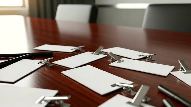 Conference room preparation scene with name tags and pens on a polished wooden table