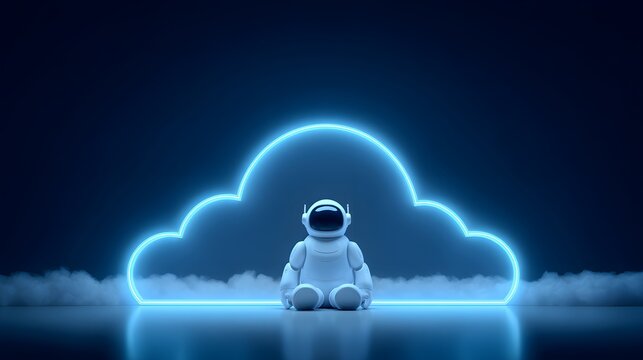 Astronaut sitting in front of a glowing neon cloud, representing cloud computing and technology.