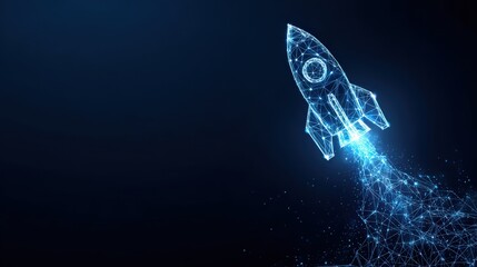 Obraz premium A digital rocket soars against a dark, futuristic background, representing innovation, progress. ..Created with Generative AI, not depicting real subjects.
