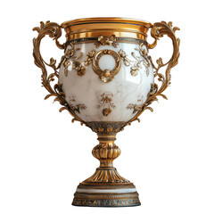 Golden trophy showcasing intricate design PNG, isolated on transparent background.