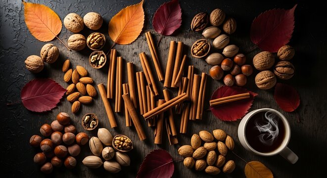 Autumnal still life of nuts cinnamon sticks leaves and coffee
