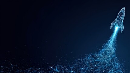 A futuristic, digital rocket blasts off, its trail of light carving through a vast expanse, representing innovation and limitless potential. ..Created with Generative AI, not depicting real subjects.