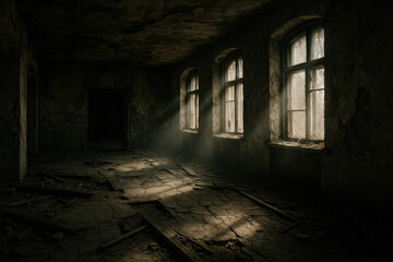 Obraz premium Abandoned building interior with cracked walls broken floor and dusty sunlight through windows eerie atmosphere creates mysterious and haunting mood in dark room