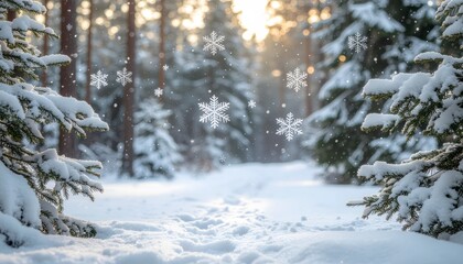 Snowy Forest Path with Sunlit Bokeh and Falling Snowflakes