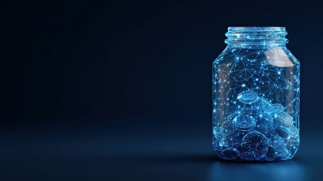 A captivating conceptual image of a transparent glass jar, seemingly filled with ethereal digital currency and illuminated by a cool. ..Created with Generative AI, not depicting real subjects. - Powered by Adobe