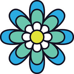 Stylized Abstract Flower With Eight Blue And Teal Petals And Yellow Center On A Transparent Background Simple Graphic Design