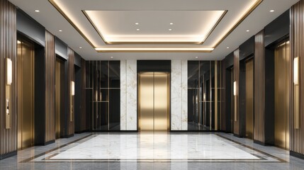 This spacious elevator lobby features polished marble flooring and stylish wooden panels. Elegant lighting enhances the modern decor creating a welcoming atmosphere for visitors.