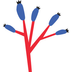 Stylized abstract illustration of a red branching stem with blue bud-like shapes and black tips on a transparent white background suitable for graphic design and botanical themes
