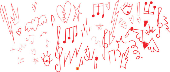  collection hand-drawn red doodles and symbols on a white background. love music art illustration