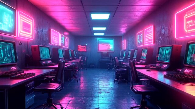 Neon-lit computer lab with multiple workstations active