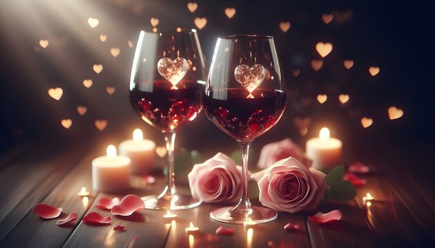 Romantic wine glasses with hearts: candles and rose petals. AI Generated, Generative AI