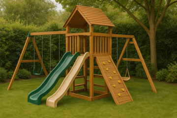 Wooden playground set with green and beige slides, swings, and climbing wall in backyard garden surrounded by trees and bushes, perfect for outdoor family recreation and fun