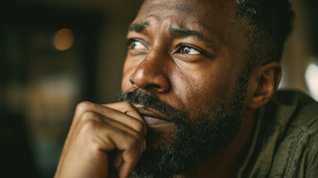 A man with a beard is deep in thought resting his chin on his hand. He is in a warm inviting indoor space with soft lighting suggesting personal reflection. - Powered by Adobe