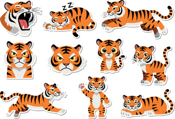 Diverse Tiger Expressions Cartoon Character Sheet of Playful Felines and Expressions