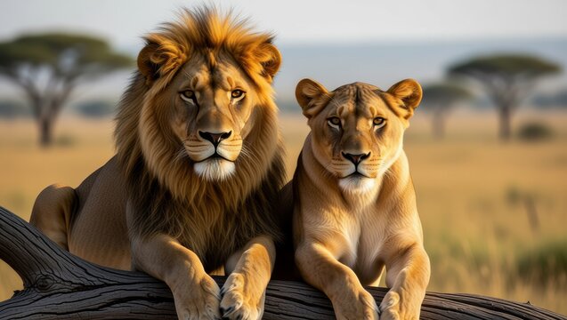 Two lions resting on tree branch in savanna