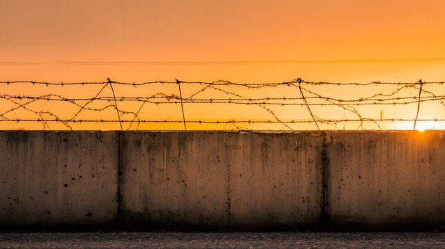 Barbed wire fence on concrete wall at sunset with orange sky.
