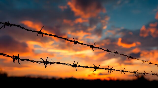 Barbed Wire Fence Silhouetted Against a Dramatic Sunset Sky. - Powered by Adobe