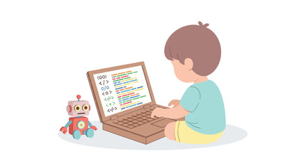 child coding with a robot toy on a laptop in a playful learning environment