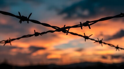 Barbed Wire Silhouette Against a Dramatic Sunset Sky.