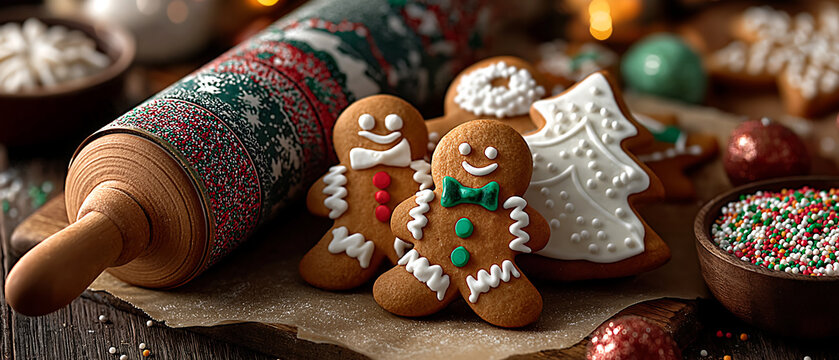 Decorated gingerbread cookies with a rolling pin on a wooden surface close up