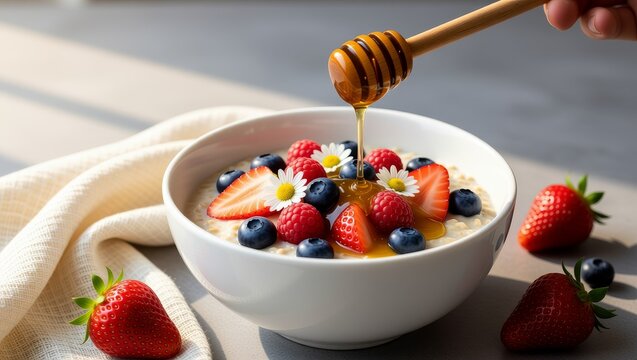 Honey drizzled over berrytopped oatmeal bowl