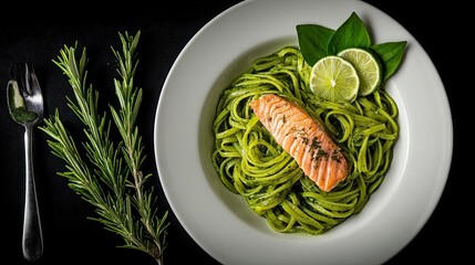 Delicious salmon with pesto linguine and fresh lime offers a vibrant culinary experience, perfect for healthy eating promotions and restaurant marketing