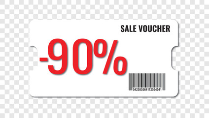 Sale voucher with 90 percent off discount and barcode on transparent background Keywords: voucher, sale, discount, offer, promotion, percent, off, ninety, 90, red, Christmas