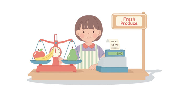 Happy female vendor weighing fresh produce at a local market stand with cash - Powered by Adobe