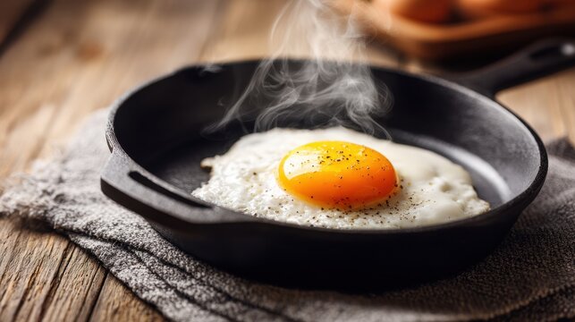 A delicious fried egg with a bright yolk is served in a black cast iron skillet. The steam rises as it sits on a textured kitchen towel hinting at its warmth and freshness.