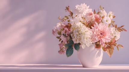 Fototapeta premium Beautiful pastel flower bouquet in white vase on a light background with soft shadows.
