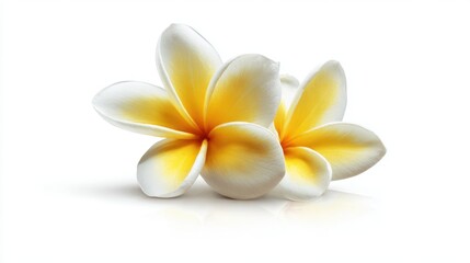 Naklejka premium Two stunning plumeria flowers with white petals and vibrant yellow centers are placed together on a plain bright background showcasing their natural beauty and serenity.