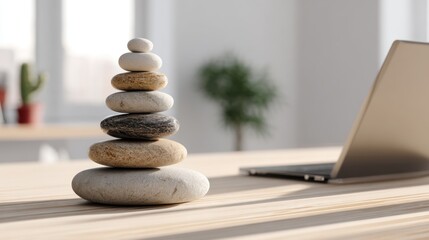 A calm workspace features a balanced arrangement of stacked stones on a wooden desk. A laptop and green indoor plants add to the tranquil setting creating a peaceful environment.