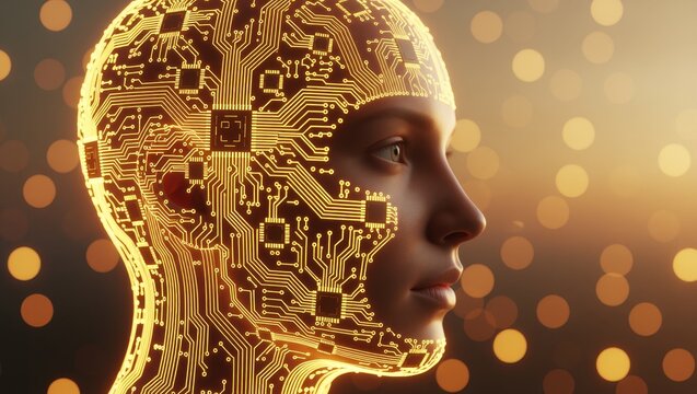 Human head with glowing circuit board patterns against bokeh lights - Powered by Adobe