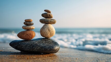 Smooth stones are carefully stacked on a sandy beach near the water's edge as the sun sets. The calm waves create a serene atmosphere perfect for relaxation.