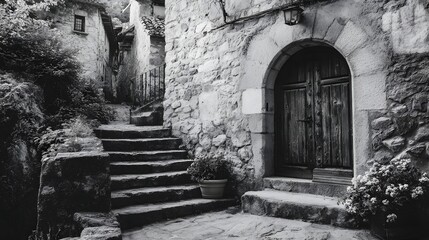 Black and white image of a charming old stone village with a rustic wooden door and stone steps leading up a narrow alleyway.