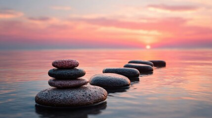 Stacked stones rest on water as the sun sets in a tranquil scene. The colorful sky reflects over the smooth surface creating a soothing and harmonious environment.