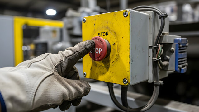 A gloved hand pressing a red emergency stop button on industrial machinery, Industrial safety measures: A hand activates a stop button on a machine