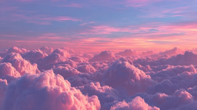 Bright pink and lavender clouds fill the sky during sunset creating a serene atmosphere. The scene captures the beauty of nature's colors blending harmoniously.
