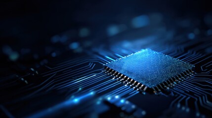 Close-up of a high-tech computer processor, highlighting the intricate circuitry and core components. ..Created with Generative AI, not depicting real subjects.
