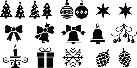 Christmas icon set, black and white vector, festive elements, trees, ornaments, bells, bows, candle, snowflake, pinecones, holiday decoration symbols