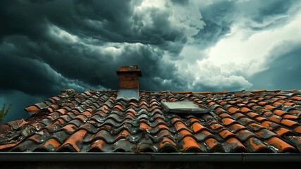 Dark storm clouds gather over an old tiled roof in a rural setting on a gloomy afternoon - Powered by Adobe