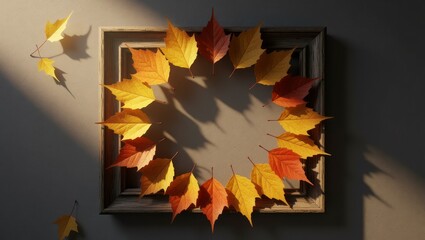 Autumn leaves arranged in circle around frame on wall