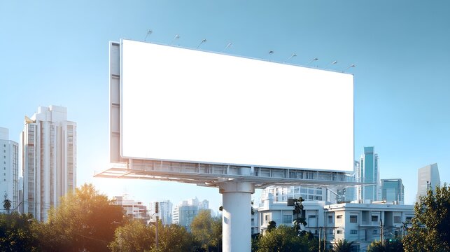 Blank Billboard in Urban Setting with Cityscape and Blue Sky. - Powered by Adobe