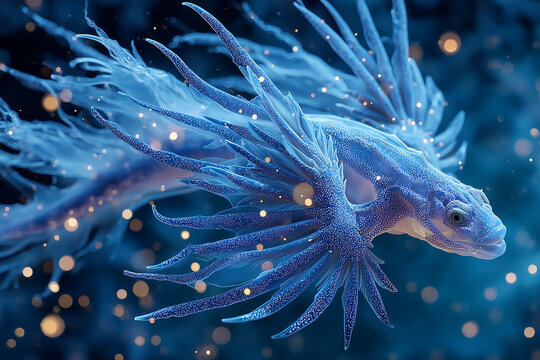 Fantasy Blue Dragon Sea Slug Glowing in Dark Ocean
