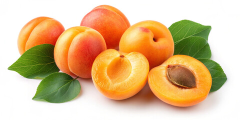 Ripe juicy apricots, some whole and one cut to reveal its pit, arranged with green leaves, cleanly isolated on a transparent PNG.