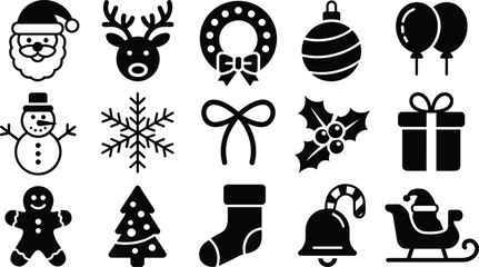 Christmas icon set, black and white festive symbols, holiday vector collection, seasonal elements, minimalist design, winter celebration, monochrome Christmas illustration