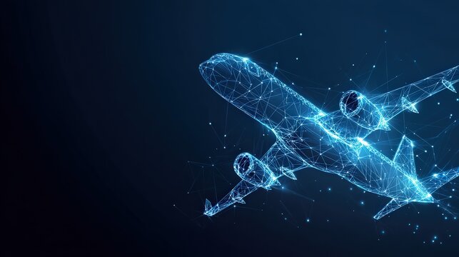 A futuristic digital representation of an aircraft soars dynamically through the dark blue sky. ..Created with Generative AI, not depicting real subjects.